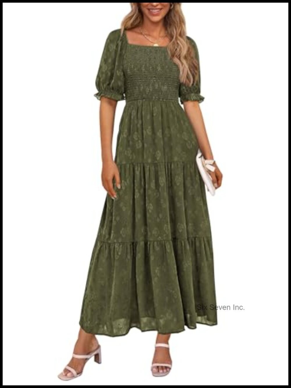 Women's Floral Smocked Midi Dress Square Neck Ruffle Sleeve A-Line